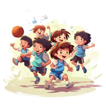 Cartoon children playing basketball, AI generated Image