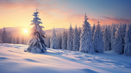Snowy trees, winter landscape and sunrise, generative Ai
