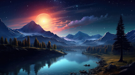 Scenic mountain, water landscape with galaxy above, generative Ai