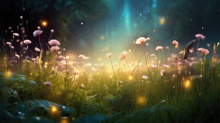 Fotobehang Dreamy wildflowers in enchanted forest, generative Ai © ThreePines