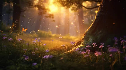Foto op Canvas Dreamy wildflowers in enchanted forest, generative Ai © ThreePines