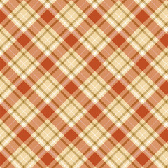 Seamless diagonal plaid and checkered patterns in orange beige and green for textile design. Tartan plaid pattern graphic background for a fabric print. Vector illustration.