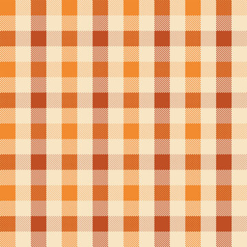 Seamless Pixel plaid and checkered patterns in orange and beige for textile design. Gingham pattern with square shapes graphic background for a fabric print. Vector illustration.