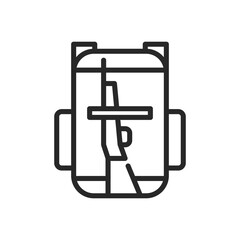 Tactical Expedition Backpack with Rifle Icon. Vector Linear Illustration of Ultimate Outdoor Travel and Hunting Adventure Gear.