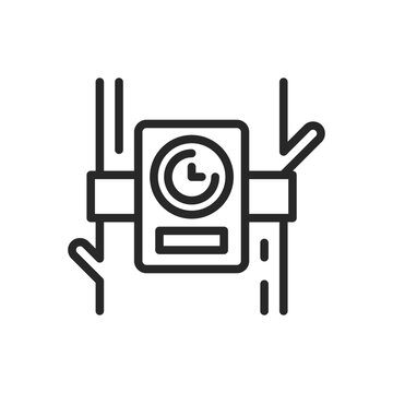 recommend clip art: Trail Camera Icon. Vector Linear Illustration of Camouflaged Hidden Stealth Action Camera Attached to a Tree Trunk. Wildlife Observation and Modern Hunting Sign.