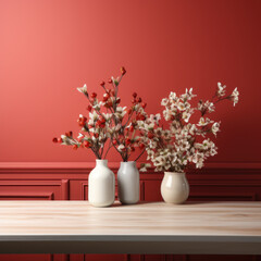  dining table with red color wall background room 
