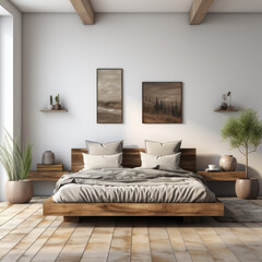  A rustic bedroom background with wooden bed 

