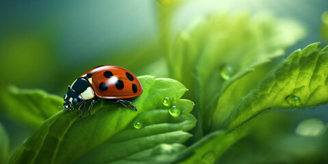 Obraz premium Ladybug on green moss. Beautiful nature scene with ladybug. Ladybug on green leaf macro close up photo ladybug on green leaf.