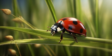 Ladybug on green moss with bokeh background, close up