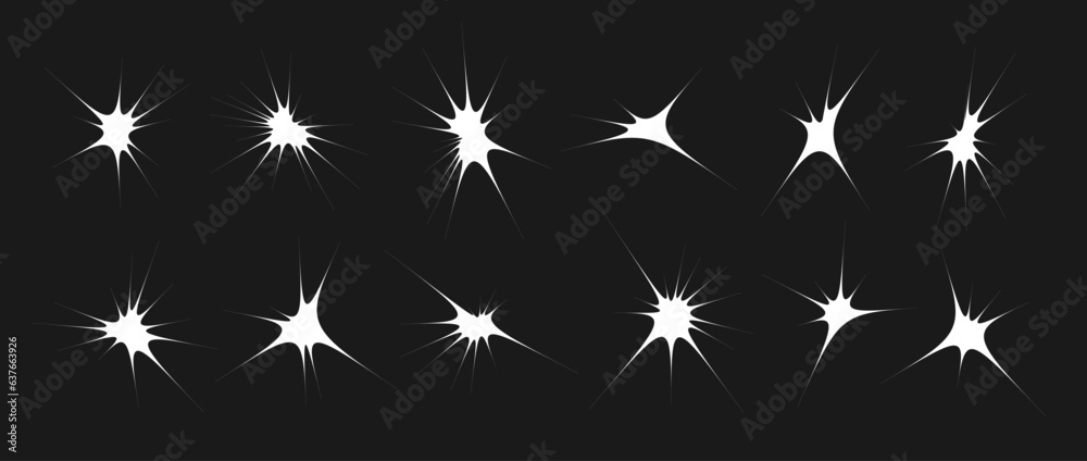 Poster Stars and twinkles set. Retro blink collection. Abstract simple starburst shine effect pack. Design element template for poster, banner, logo, card, icon, label, collage, sticker. Vector bundle