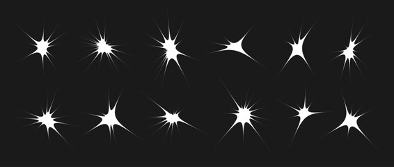 Stars and twinkles set. Retro blink collection. Abstract simple starburst shine effect pack. Design element template for poster, banner, logo, card, icon, label, collage, sticker. Vector bundle