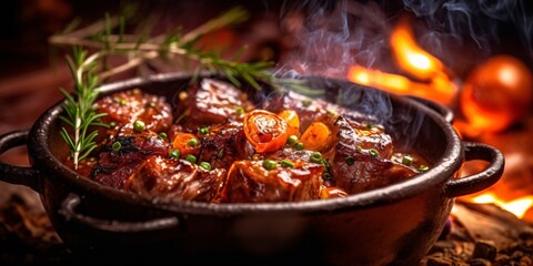 Beef stew with vegetables in a pot on a wooden background. - obrazy, fototapety, plakaty