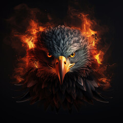 Image of angry an eagle face and flames on dark background. Wildlife Animals. Illustration, Generative AI.