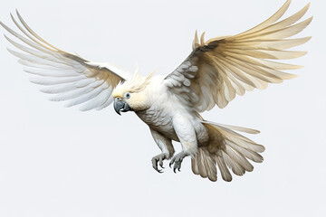 Image of a sulphur-crested cockatoo with spread wings in flight on a white background. Wildlife. Bird. Illustration, Generative AI.