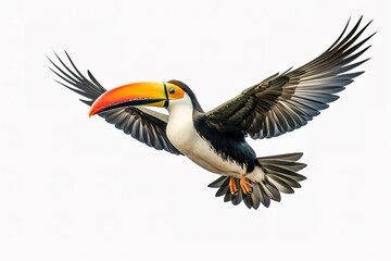 Naklejka premium Image of a toucan with spread wings in flight on a white background. Wildlife. Bird. Illustration, Generative AI.