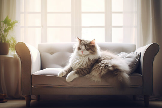 Image of cute norwegian forest cat lying on sofa. Pet. animals. Illustration, Generative AI.