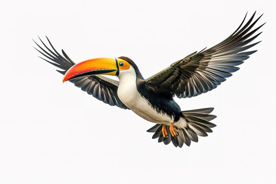 Image of a toucan with spread wings in flight on a white background. Wildlife. Bird. Illustration, Generative AI.