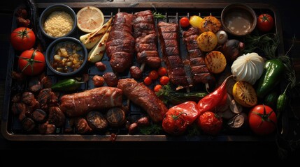 Close-up of grilled barbeque with melted barbeque sauce and cut vegetables, blur background