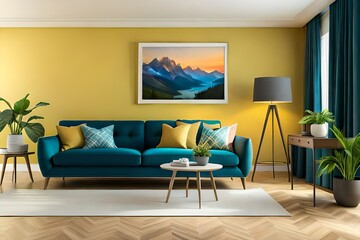 TV on cabinet in modern living room with lamp, table, flowers and plants on yellow illuminating wall background, 3D rendering. Modern living room