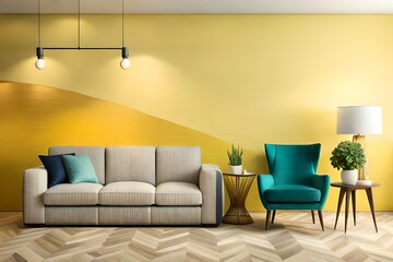 TV on cabinet in modern living room with lamp, table, flowers and plants on yellow illuminating wall background, 3D rendering
