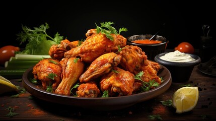 Close-up of Buffalo wings with melted hot sauce on a wooden table with a blurred background