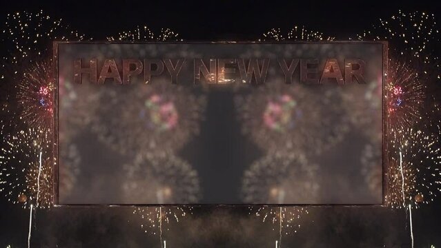 カラフルで派手な複数の打ち上げ花火の爆発の背景　反射する金属枠のタイトルスペースとHAPPY NEW YEARの3D文字　新年・お祝い・イベント・クリスマス・発表・表彰のイメージタイトル背景素材