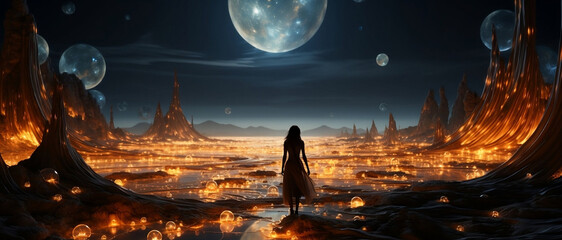 The Silhouette of a Young Woman Looking at a Vast Glowing Fantasy Landscape