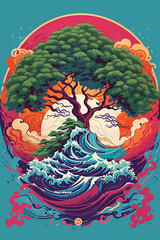 illustration twin cannabis trees colorful, fireburn, smoke and ocean wave, japan style artwork