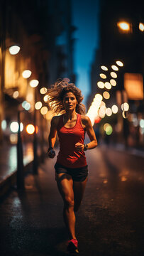 A woman joggin in the city with full night lights, Generative Ai