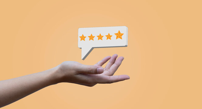 Golden positive customer experience illustration isolated on orange background. Online feedback concept holding hands five stars.