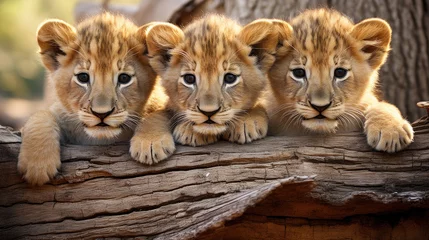 Schilderijen op glas Group of cute lion cubs © Veniamin Kraskov