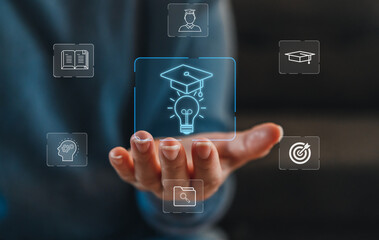 Student holding concept think learning and study class, e-learning, online education, education, Back to School, training, tutor, lesson, course, school, knowledge, congratulations graduated