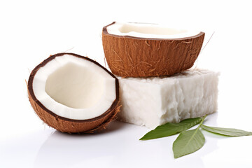 Coconut and coconut flesh with splashes on white background