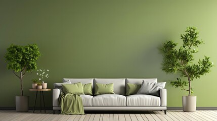 Close-up of Modern living room interior with sofa and green leaf ornament and minimalist design