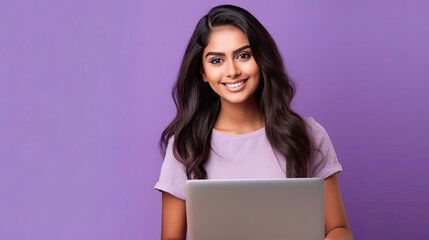 A happy Indian woman with laptop computer working or studying online on lilac background. Generative Ai