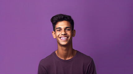 Smiling indian young man on lilac background. Generative Ai - obrazy, fototapety, plakaty