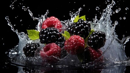 Close-up of fresh blackberry and redberry splashed with water on black background and blur