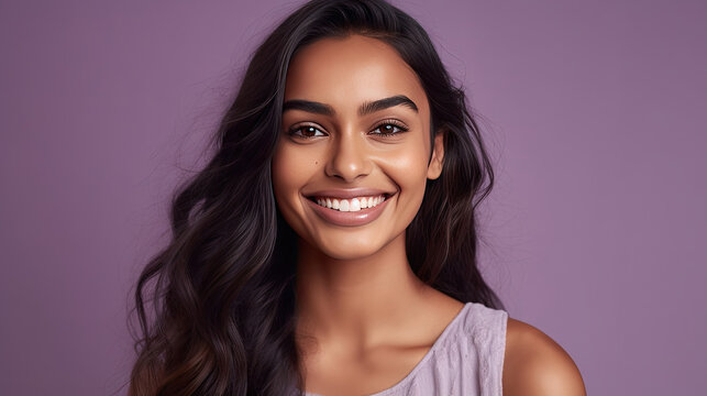Smiling indian young woman on lilac background. Generative Ai