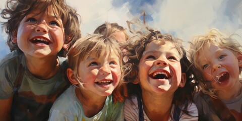 oil painting of  a lot of children is happy, generative AI