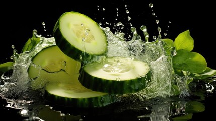 Close-up of fresh green cucumber splashed with water on black and blurred background
