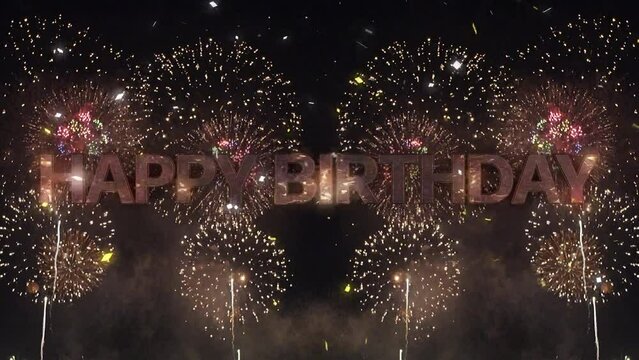 カラフルで派手な複数の打ち上げ花火の爆発の背景　反射する金属枠のタイトルスペースとHAPPY BIRTHDAYの3D文字　誕生日・出生・お祝い・イベント・発表・表彰のイメージタイトル背景素材
