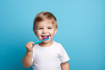 Small boy brushing teeth with toothbrush. Generated ai