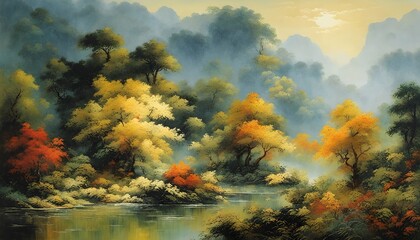 Fototapeta na wymiar Countryside Chinese traditional painting