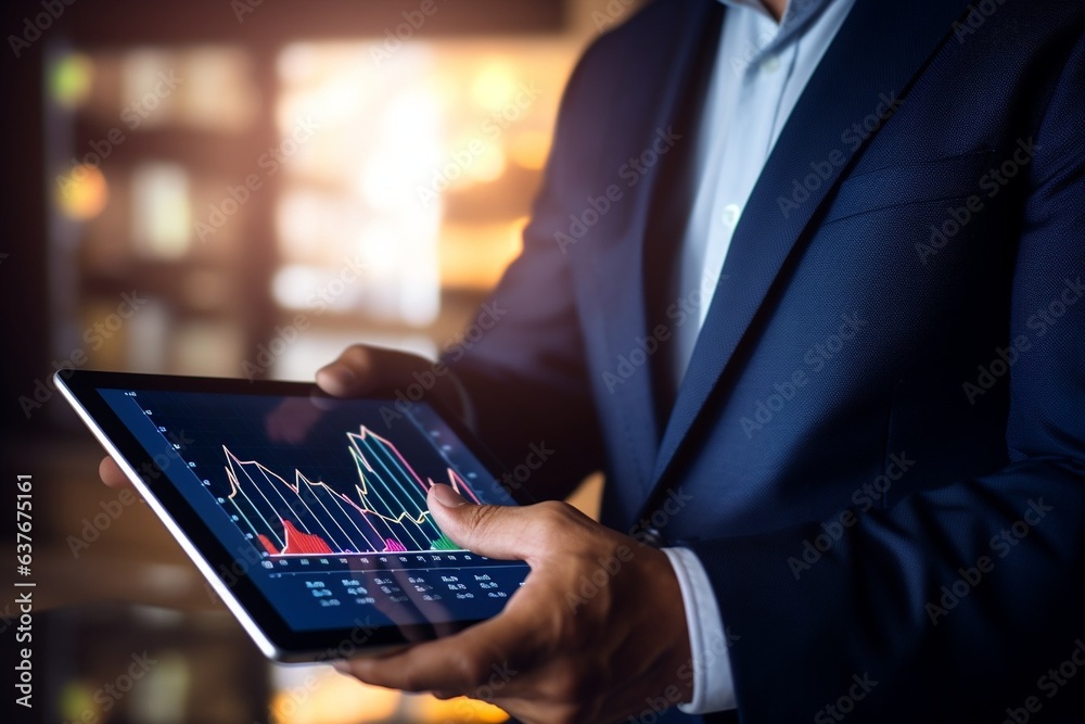 Poster Generative AI : Businessman using tablet analyzing sales data and economic growth graph chart