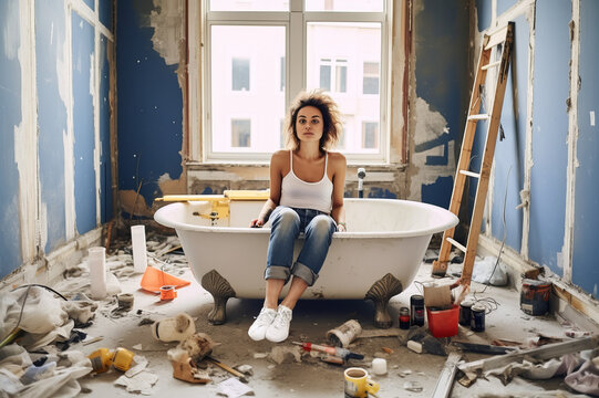 A woman in white t-shirt, sit on the bathtub  in demolished room. Young girl making repairs in an apartment. Window, ladder, cardboard boxes, paint