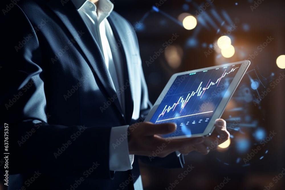 Aufkleber Generative AI : Businessman using tablet analyzing sales data and economic growth graph chart