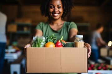 Generative AI : Food, donation and volunteer with black woman and box for charity - obrazy, fototapety, plakaty