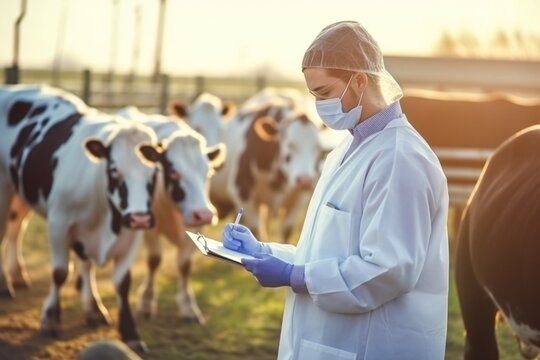Generative AI : Group of veterinarians doctor checking health status of cattle at cows farm. Diary farm health control.