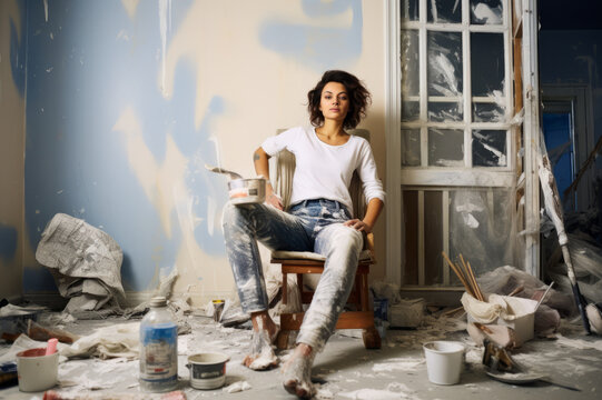 A woman in white t-shirt, sit on the chair in demolished room. Young girl making repairs in an apartment. Window, ladder, cardboard boxes, paint