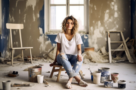A woman in white t-shirt, sit on the chair in demolished room. Young girl making repairs in an apartment. Window, ladder, cardboard boxes, paint